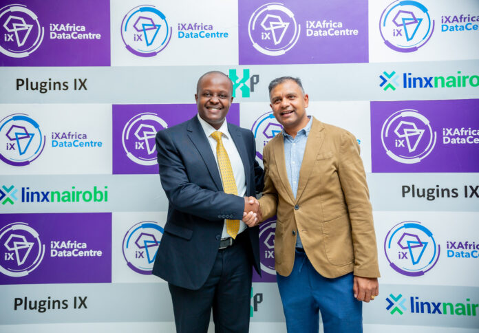 KenInvest CEO John Mwendwa and iX Africa Data Center CEO Snehar Shah Shake Hands after a tour of the Data storage Facility