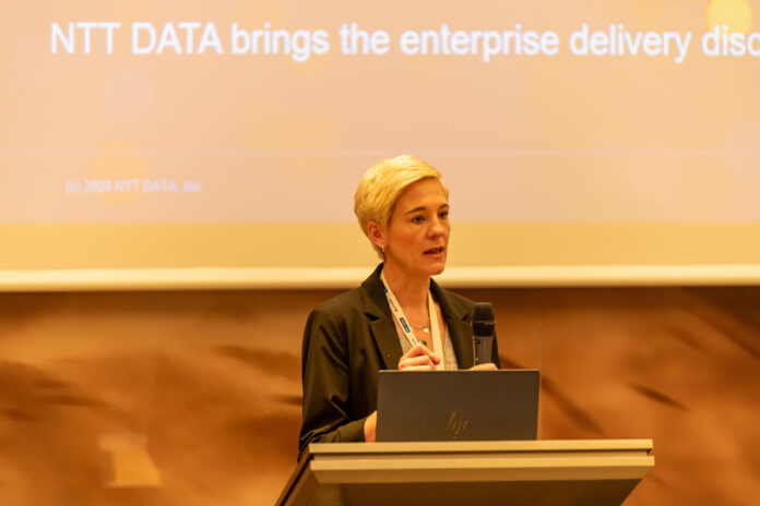 Lauren Wortmann speaking during the NTT DATA, Salesforce partnership announcement