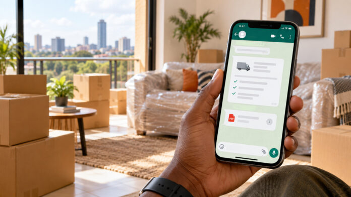 KejaMove AI Assistant – Instant Moving Quotes on WhatsApp Person holding a smartphone showing a KejaMove WhatsApp moving quotation and PDF attachment, with packed boxes and wrapped furniture in the background