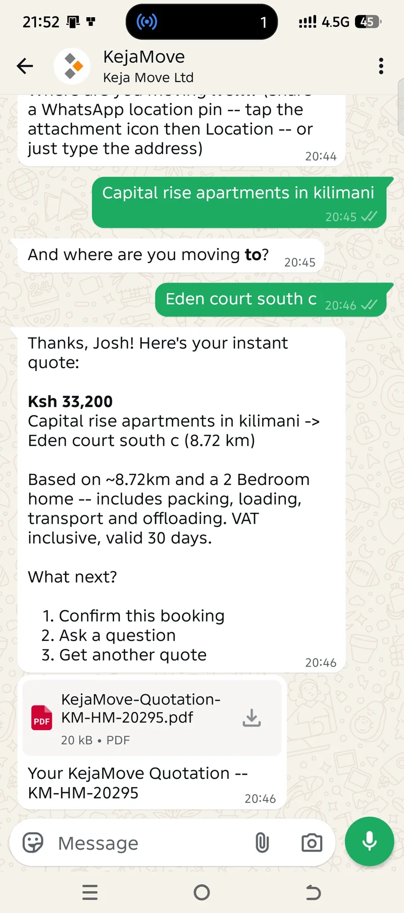 Real KejaMove WhatsApp moving quotation with a PDF attached